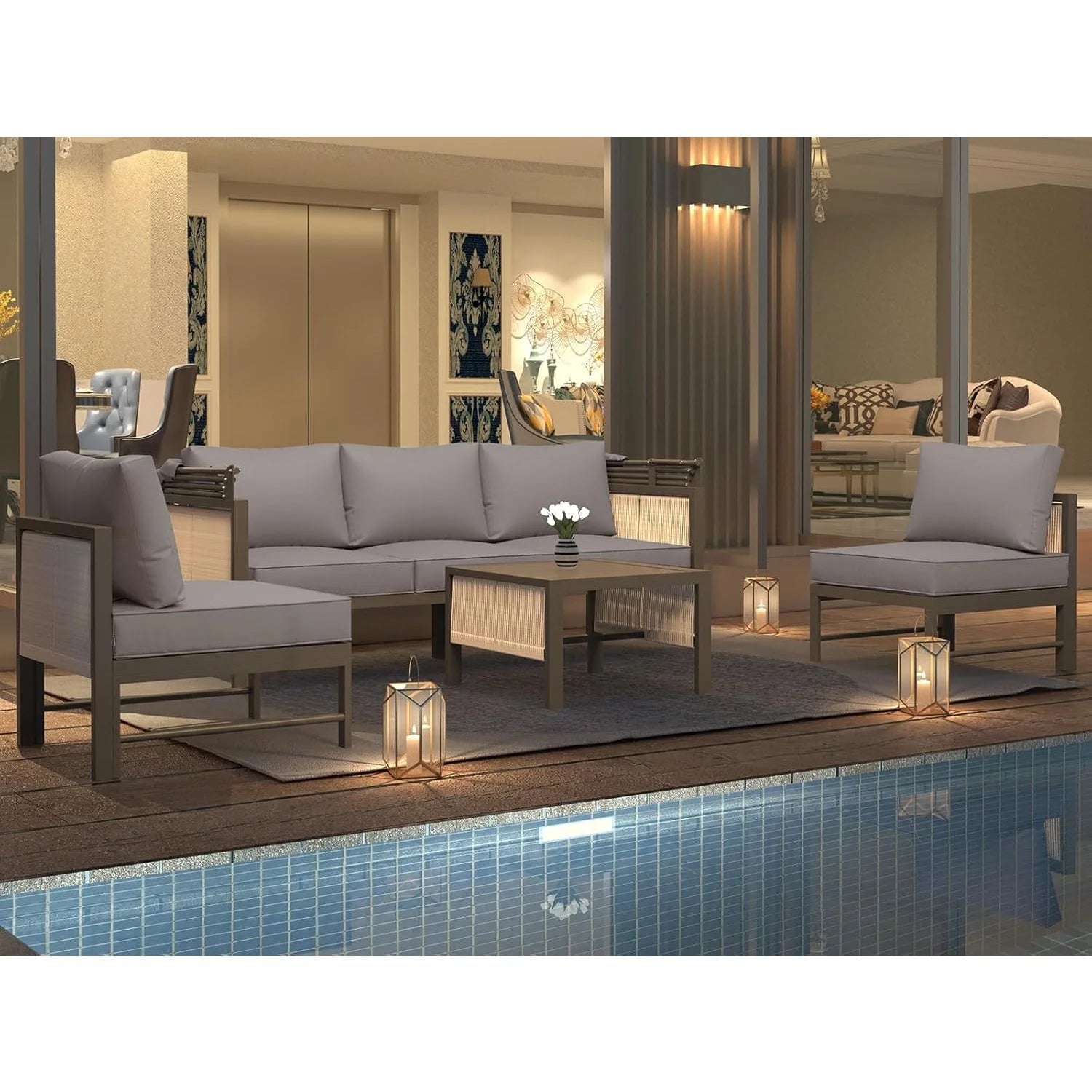 AECOJOY 4 Pieces Patio Furniture Set with Retractable Canopy &Coffee Table, Beige