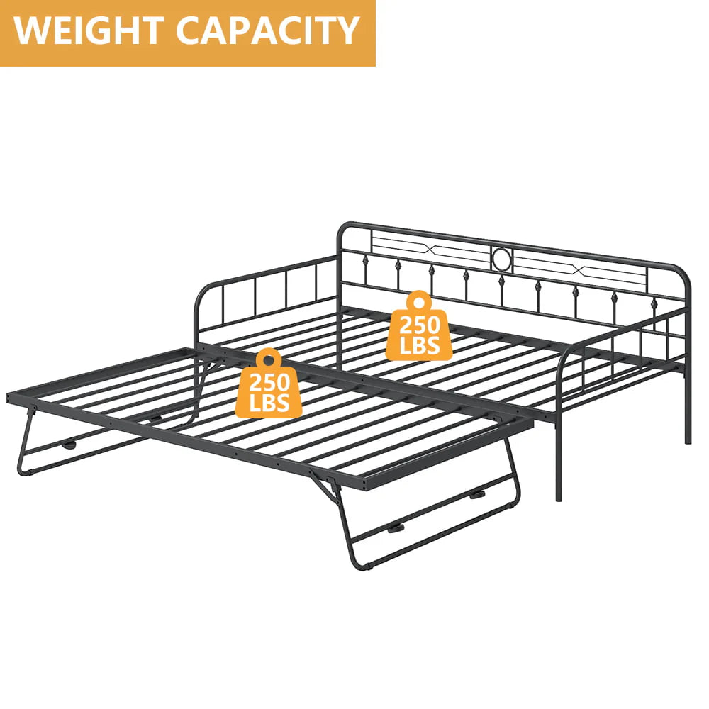 Sesslife Metal Daybed with Adjustable Trundle, Twin Size Daybed with Twin Size Pop up Trundle Bed, Heavy - Duty Sofa with Portable Folding Trundle Bed for Bedroom Living Room (Black)