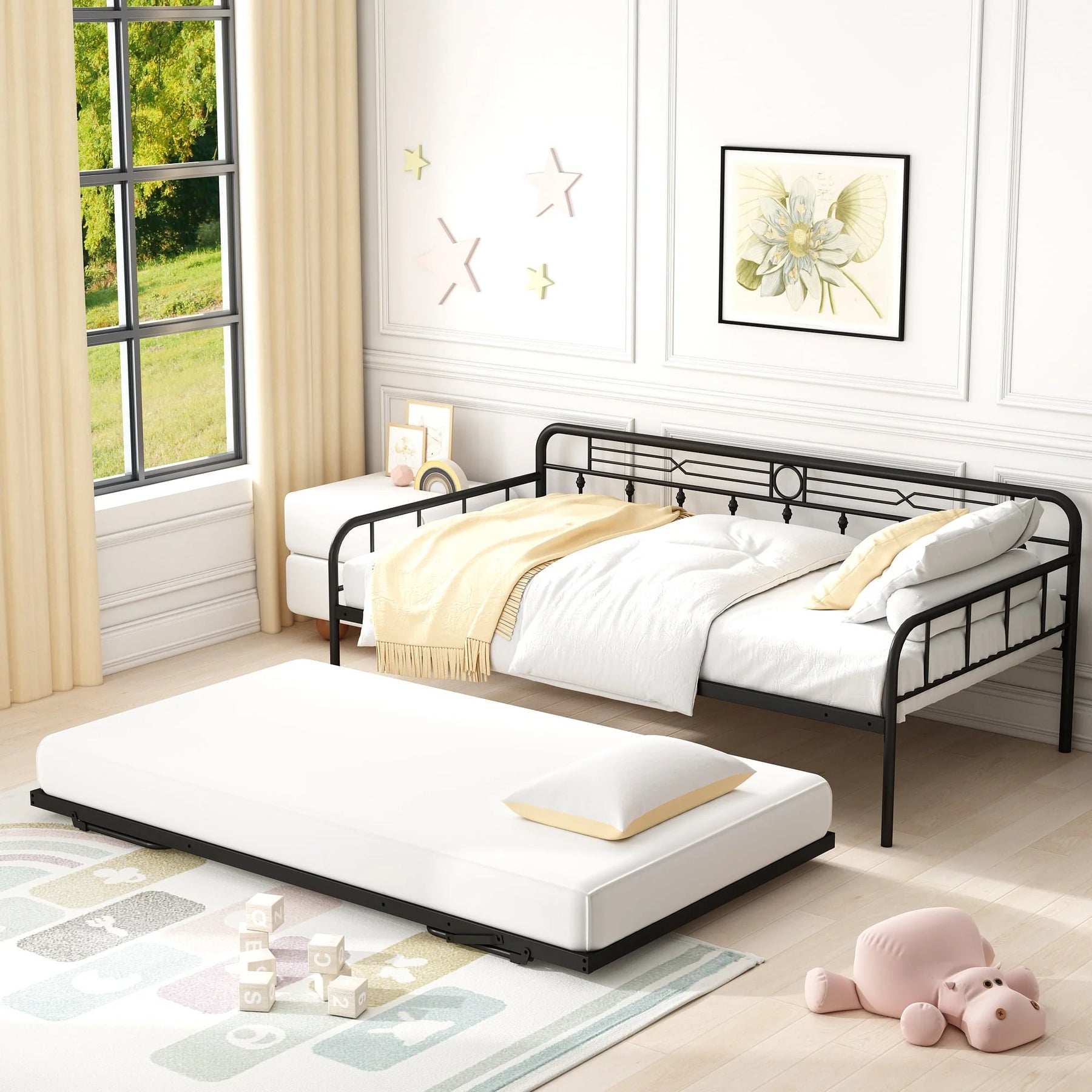 Sesslife Metal Daybed with Adjustable Trundle, Twin Size Daybed with Twin Size Pop up Trundle Bed, Heavy - Duty Sofa with Portable Folding Trundle Bed for Bedroom Living Room (Black)
