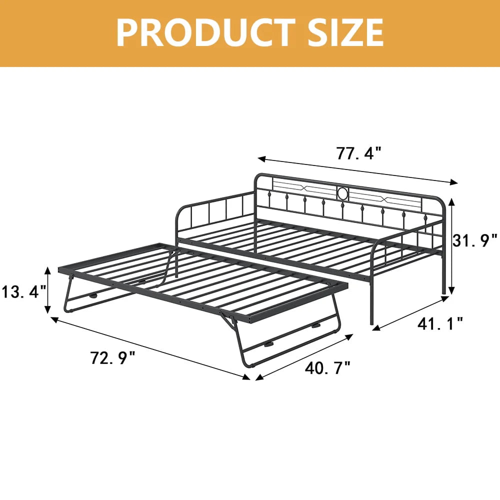 Sesslife Metal Daybed with Adjustable Trundle, Twin Size Daybed with Twin Size Pop up Trundle Bed, Heavy - Duty Sofa with Portable Folding Trundle Bed for Bedroom Living Room (Black)