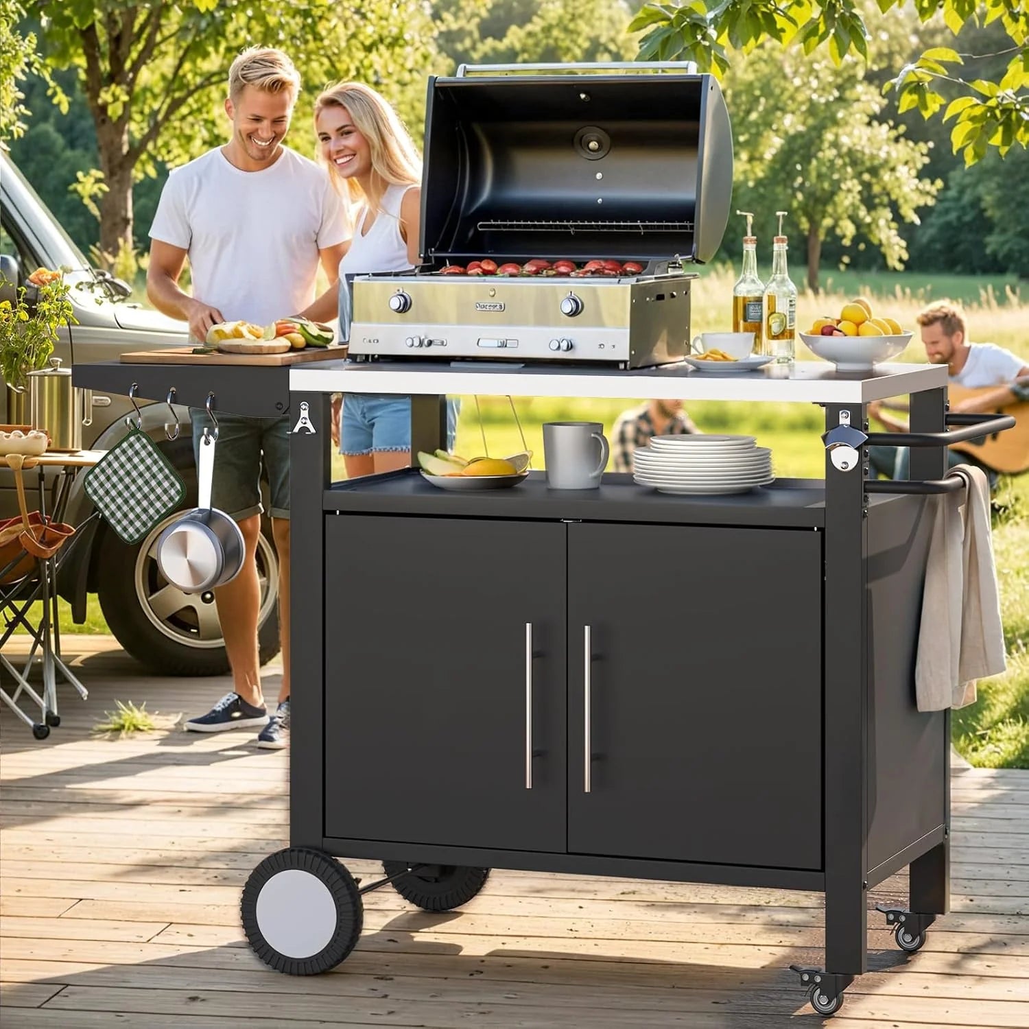 AECOJOY Outdoor Grill Table with Storage Cabinet, Rolling Bar Grill Cart with Wheels, 50’’×20’’×32.2’’