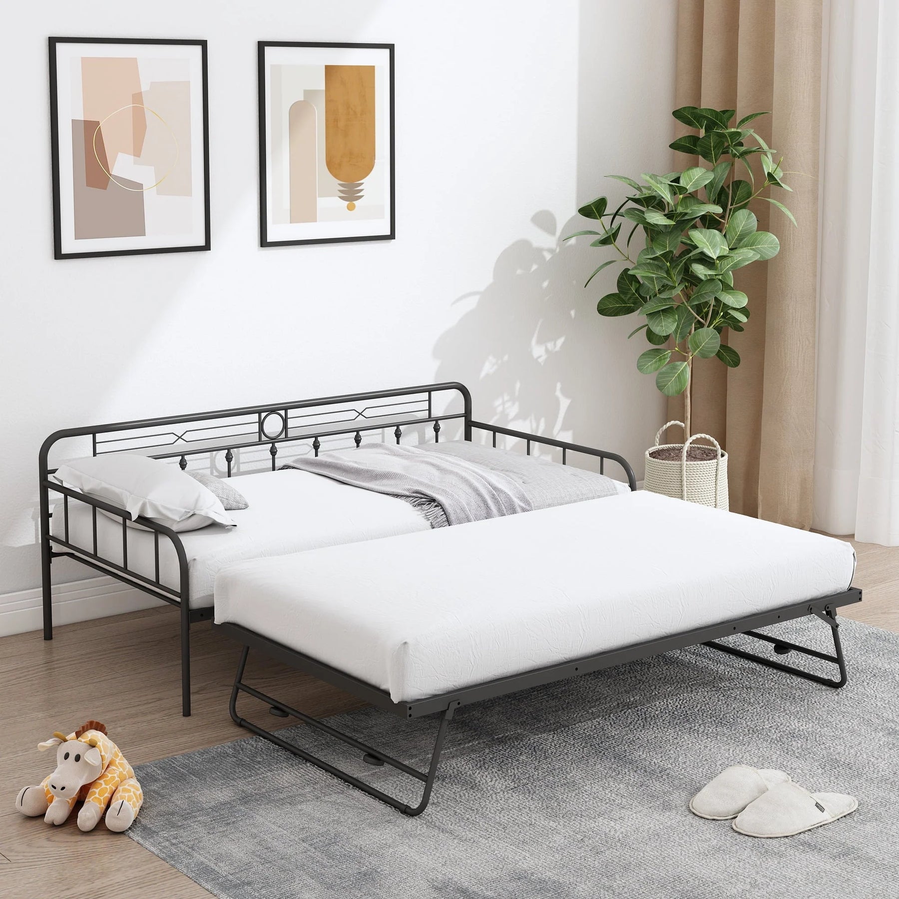 Sesslife Metal Daybed with Adjustable Trundle, Twin Size Daybed with Twin Size Pop up Trundle Bed, Heavy - Duty Sofa with Portable Folding Trundle Bed for Bedroom Living Room (Black)