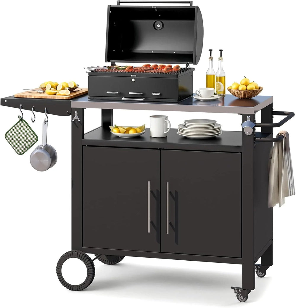 AECOJOY Outdoor Grill Table with Storage Cabinet, Rolling Bar Grill Cart with Wheels, 50’’×20’’×32.2’’