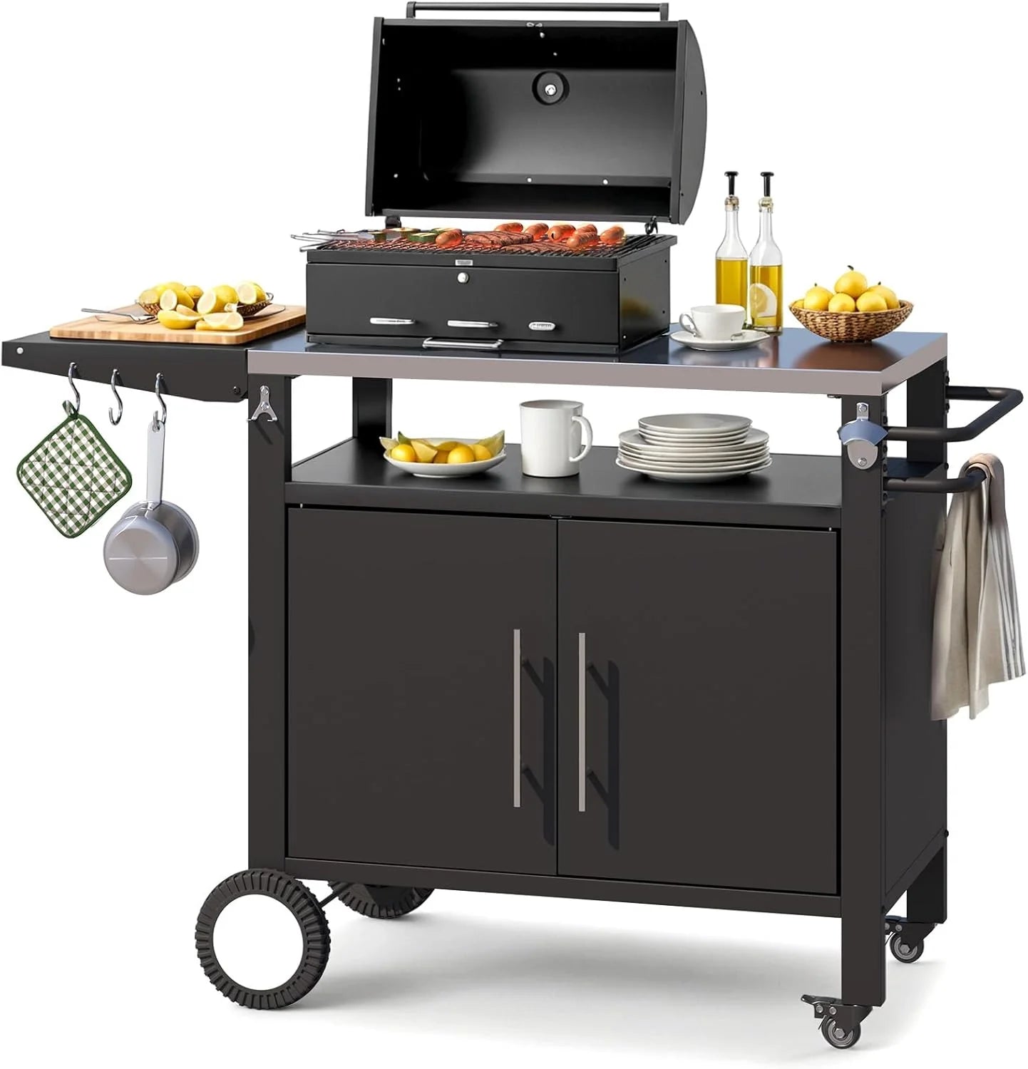 AECOJOY Outdoor Grill Table with Storage Cabinet, Rolling Bar Grill Cart with Wheels, 50’’×20’’×32.2’’