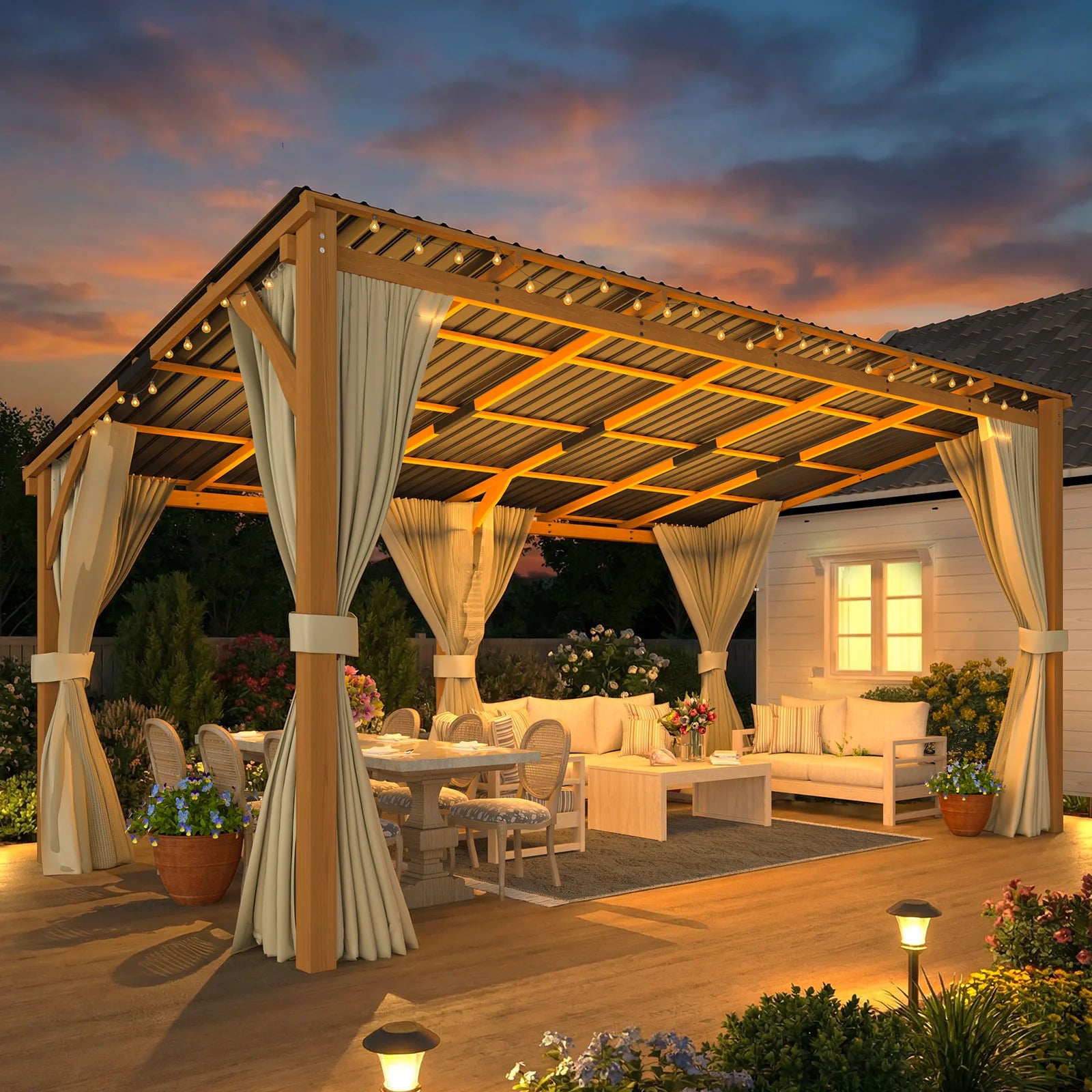 AECOJOY 16x10 Outdoor Wooden Pergola Gazebo with Curtains and Netting for Patio
