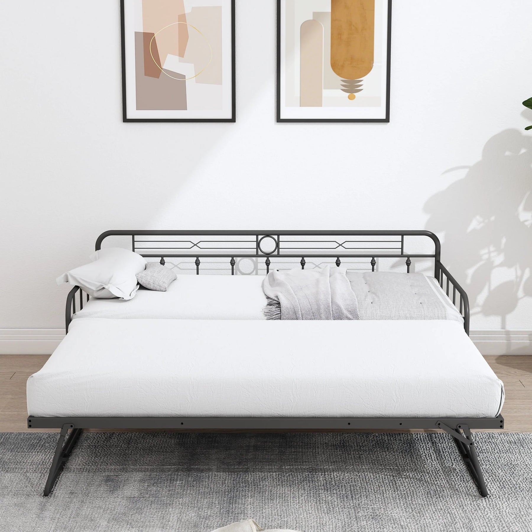 Sesslife Metal Daybed with Adjustable Trundle, Twin Size Daybed with Twin Size Pop up Trundle Bed, Heavy - Duty Sofa with Portable Folding Trundle Bed for Bedroom Living Room (Black)