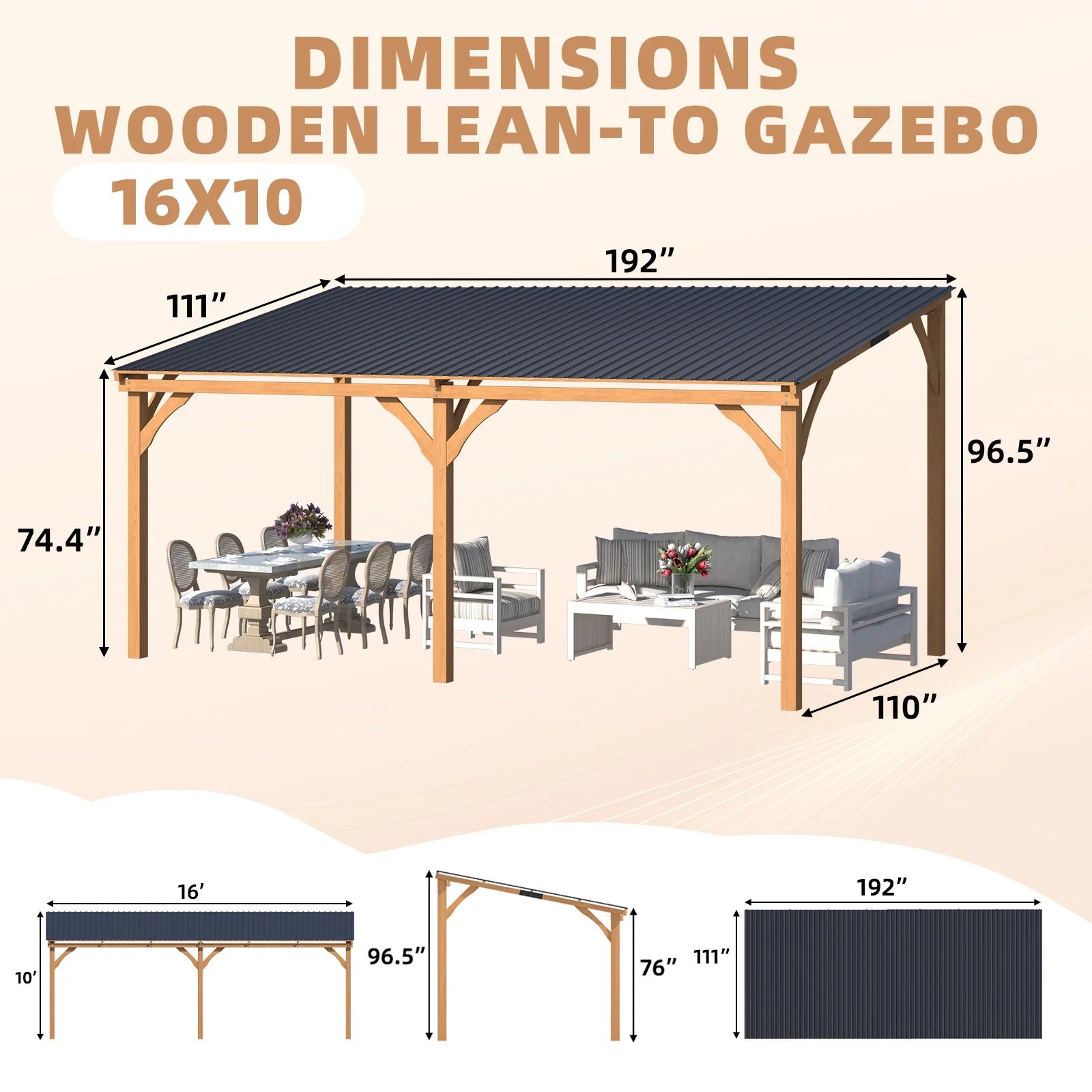 AECOJOY 16x10 Outdoor Wooden Pergola Gazebo with Curtains and Netting for Patio