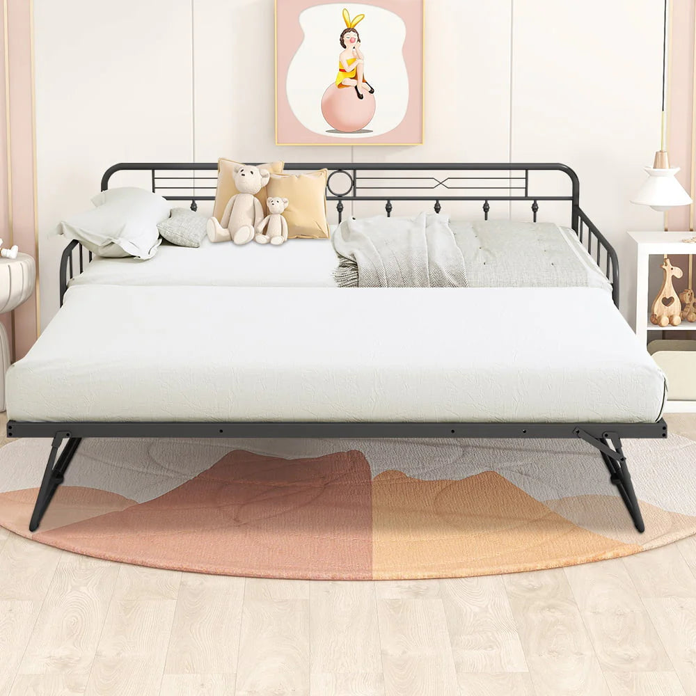 Sesslife Metal Daybed with Adjustable Trundle, Twin Size Daybed with Twin Size Pop up Trundle Bed, Heavy - Duty Sofa with Portable Folding Trundle Bed for Bedroom Living Room (Black)