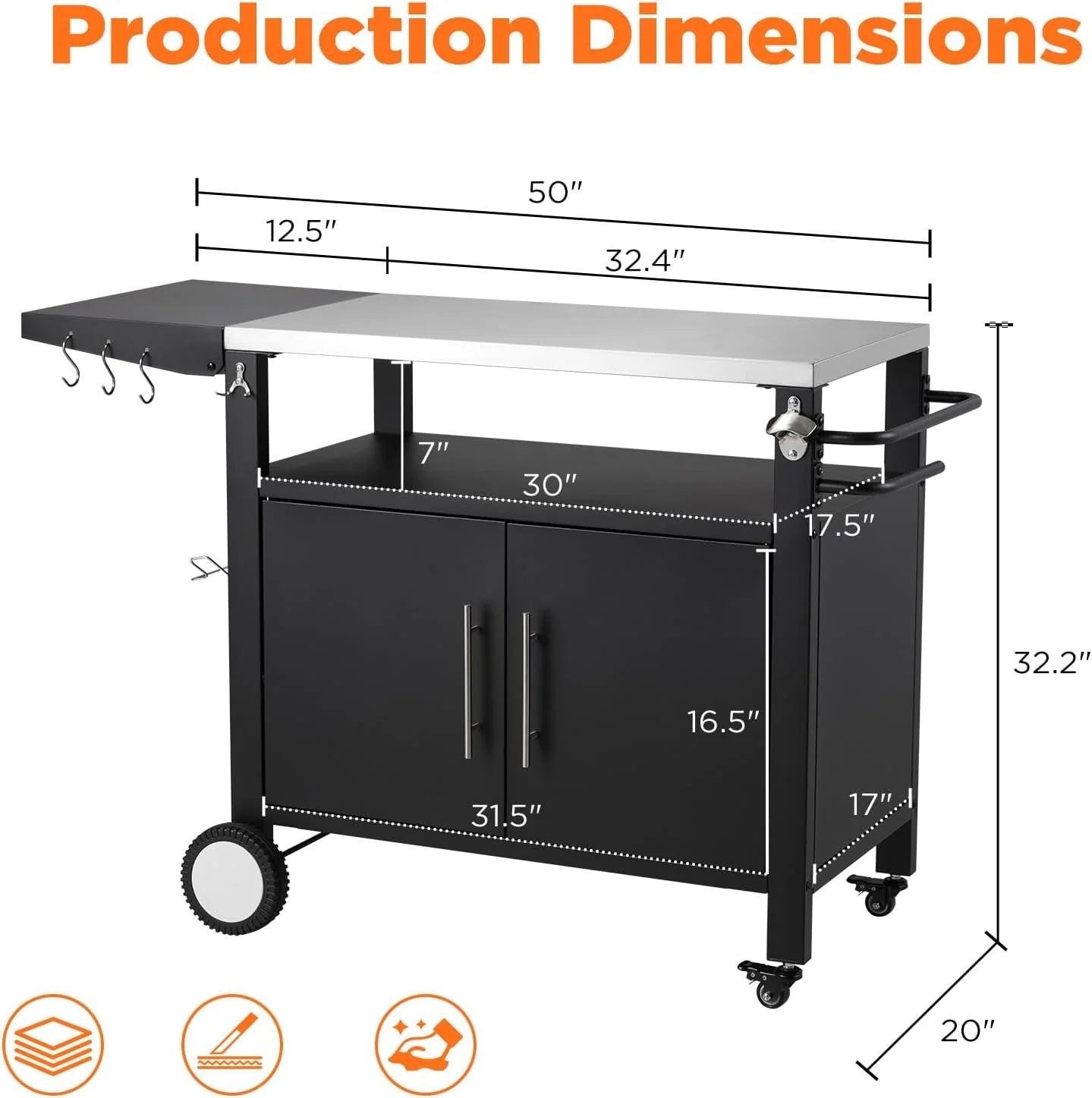 AECOJOY Outdoor Grill Table with Storage Cabinet, Rolling Bar Grill Cart with Wheels, 50’’×20’’×32.2’’