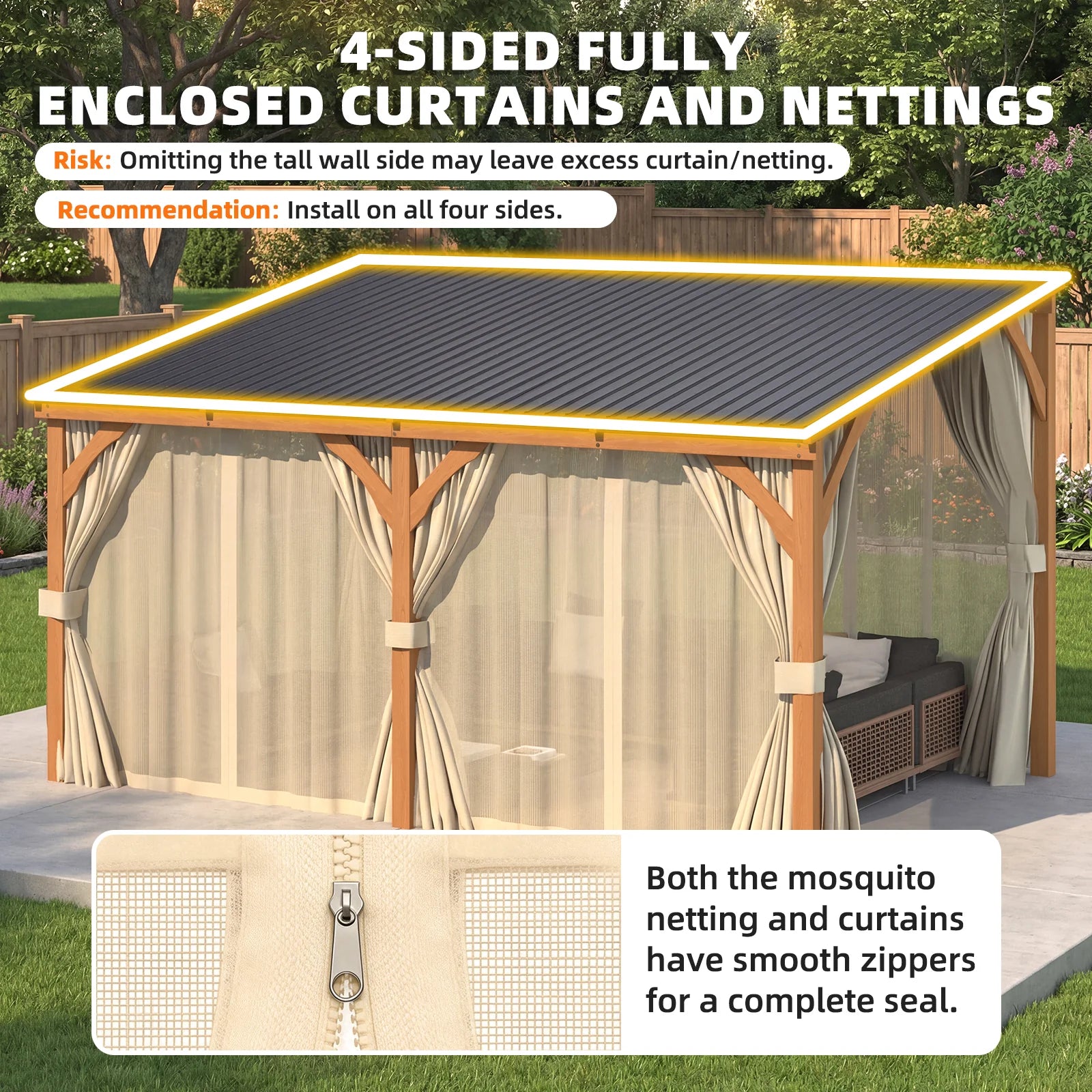 AECOJOY 16x10 Outdoor Wooden Pergola Gazebo with Curtains and Netting for Patio