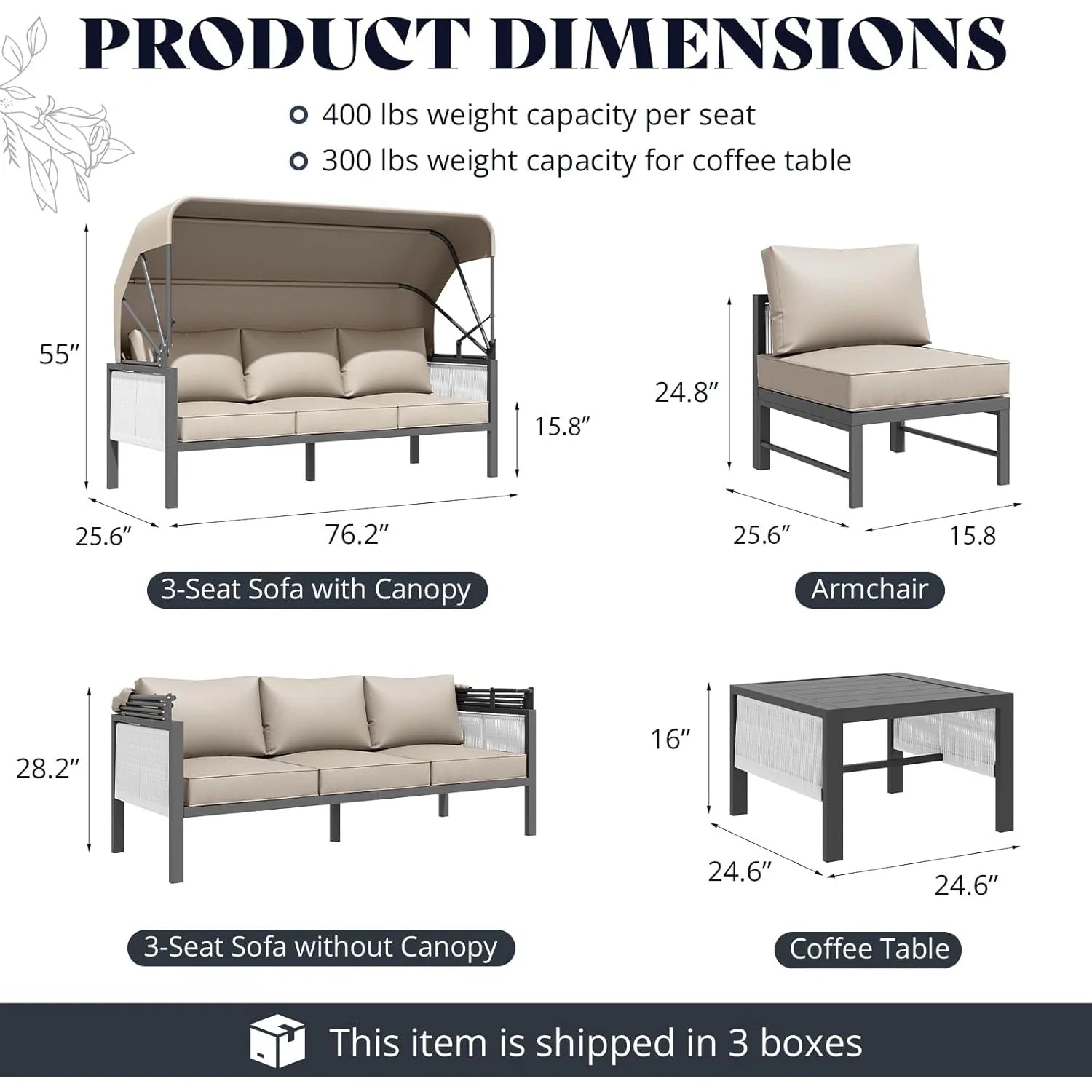 AECOJOY 4 Pieces Patio Furniture Set with Retractable Canopy &Coffee Table, Beige