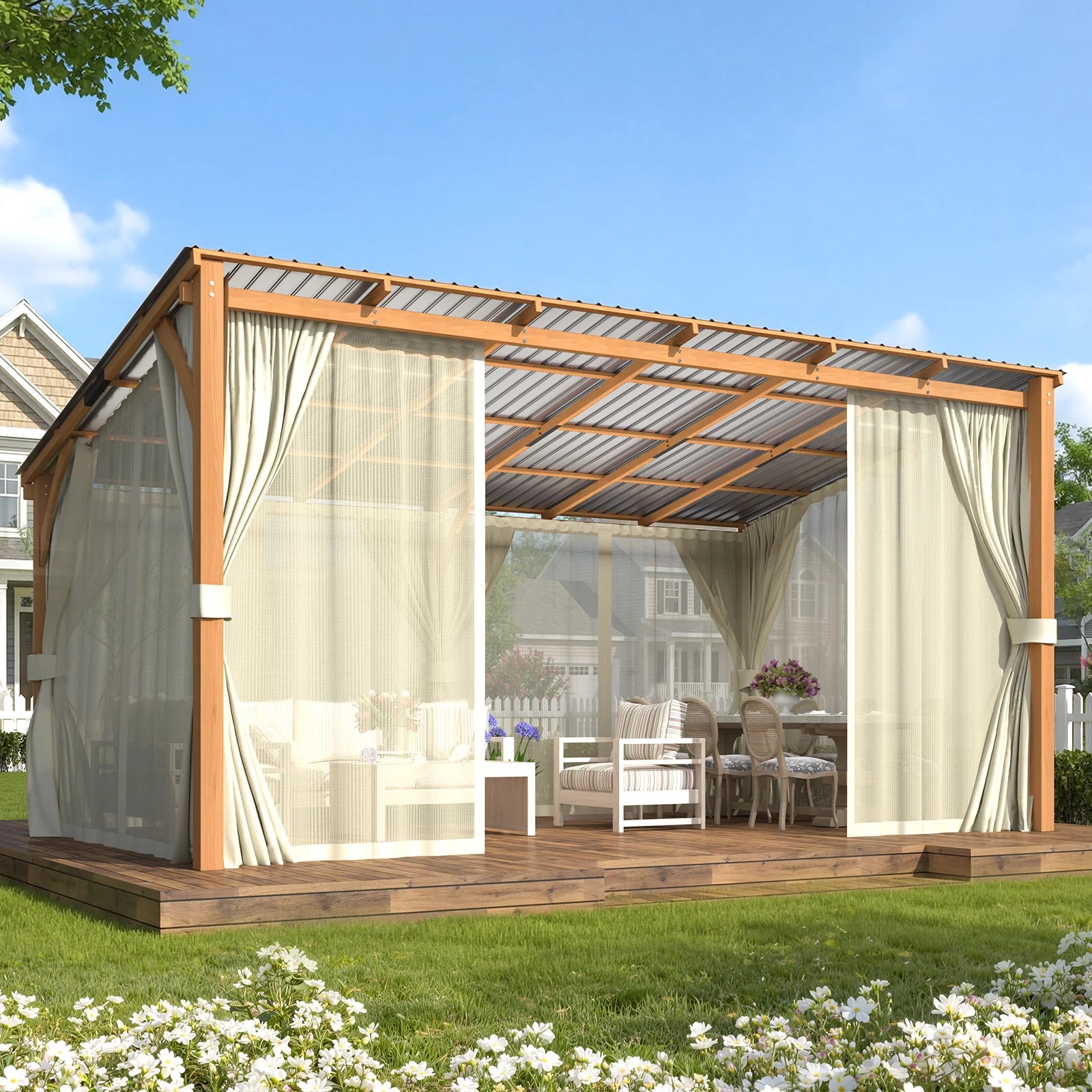 AECOJOY 16x10 Outdoor Wooden Pergola Gazebo with Curtains and Netting for Patio