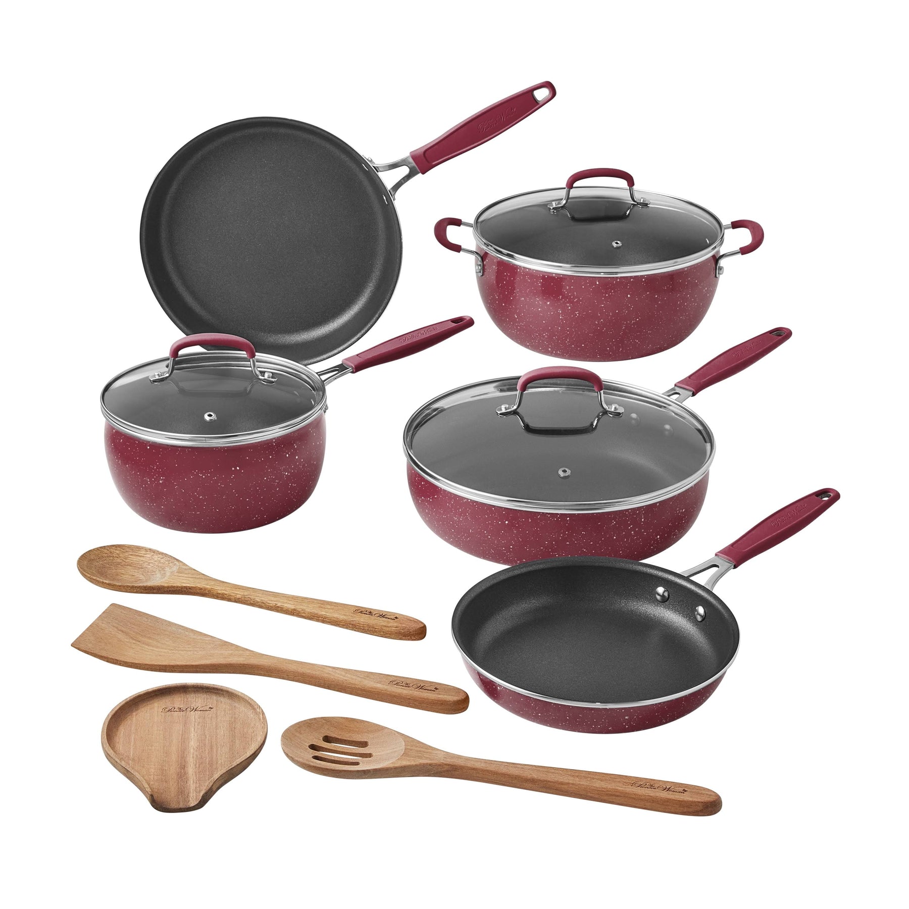 The Pioneer Woman Frontier Speckle 12-Piece Aluminum Cookware Set, Merlot, Size: 12 Pieces