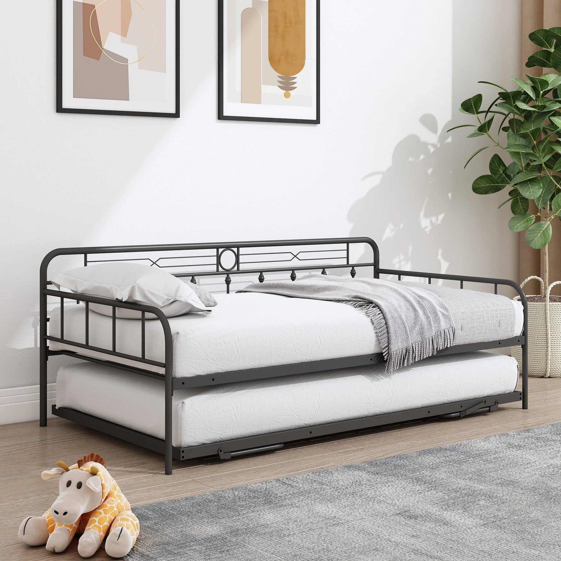 Sesslife Metal Daybed with Adjustable Trundle, Twin Size Daybed with Twin Size Pop up Trundle Bed, Heavy - Duty Sofa with Portable Folding Trundle Bed for Bedroom Living Room (Black)