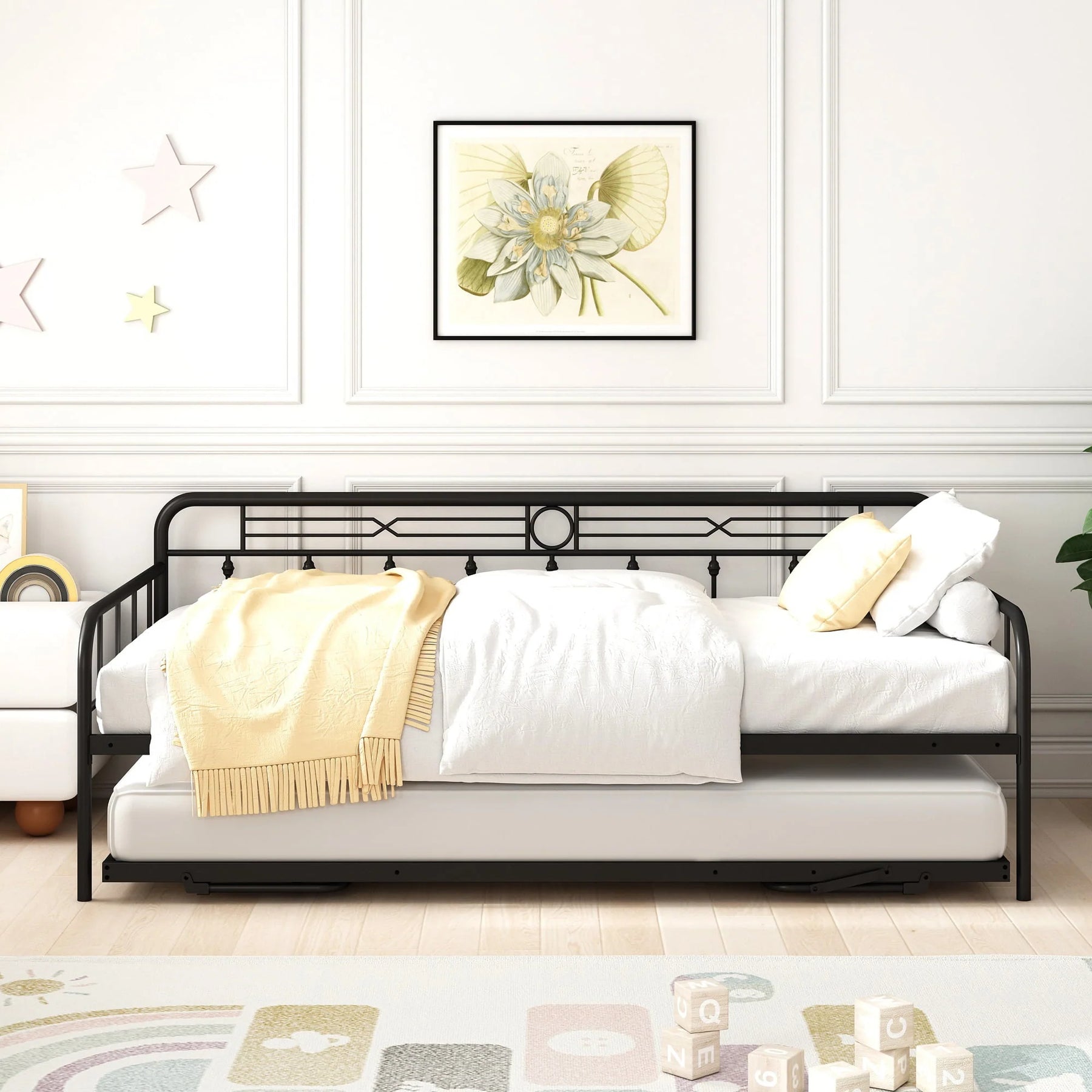 Sesslife Metal Daybed with Adjustable Trundle, Twin Size Daybed with Twin Size Pop up Trundle Bed, Heavy - Duty Sofa with Portable Folding Trundle Bed for Bedroom Living Room (Black)